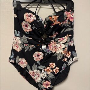 Time and Tru Floral One Piece Swimsuit - Black and Pink